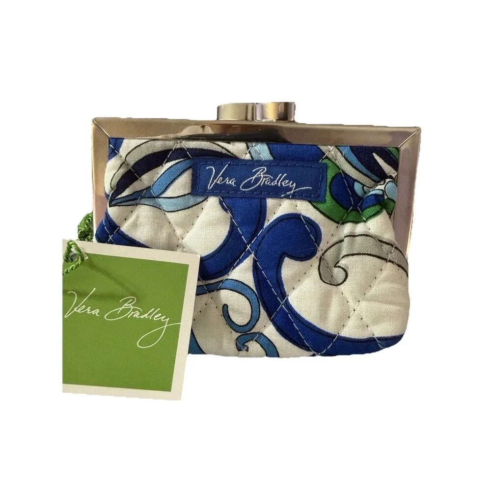 Vera Bradley Mediterranean Kisslock Coin Wallet, White Blue Green Abstract